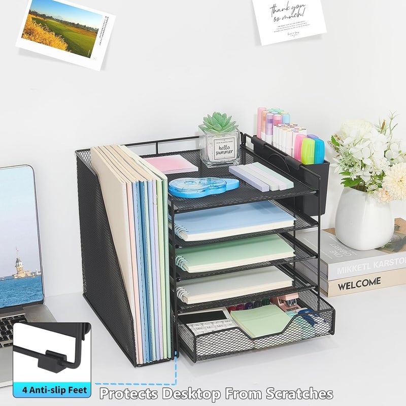 Gugsey Desk Organizer, 5-Tier Paper Letter Tray Organizer with File Holder, Drawer and Pen Holder, Desktop Organizer for Office Supplies, Black - Image 5